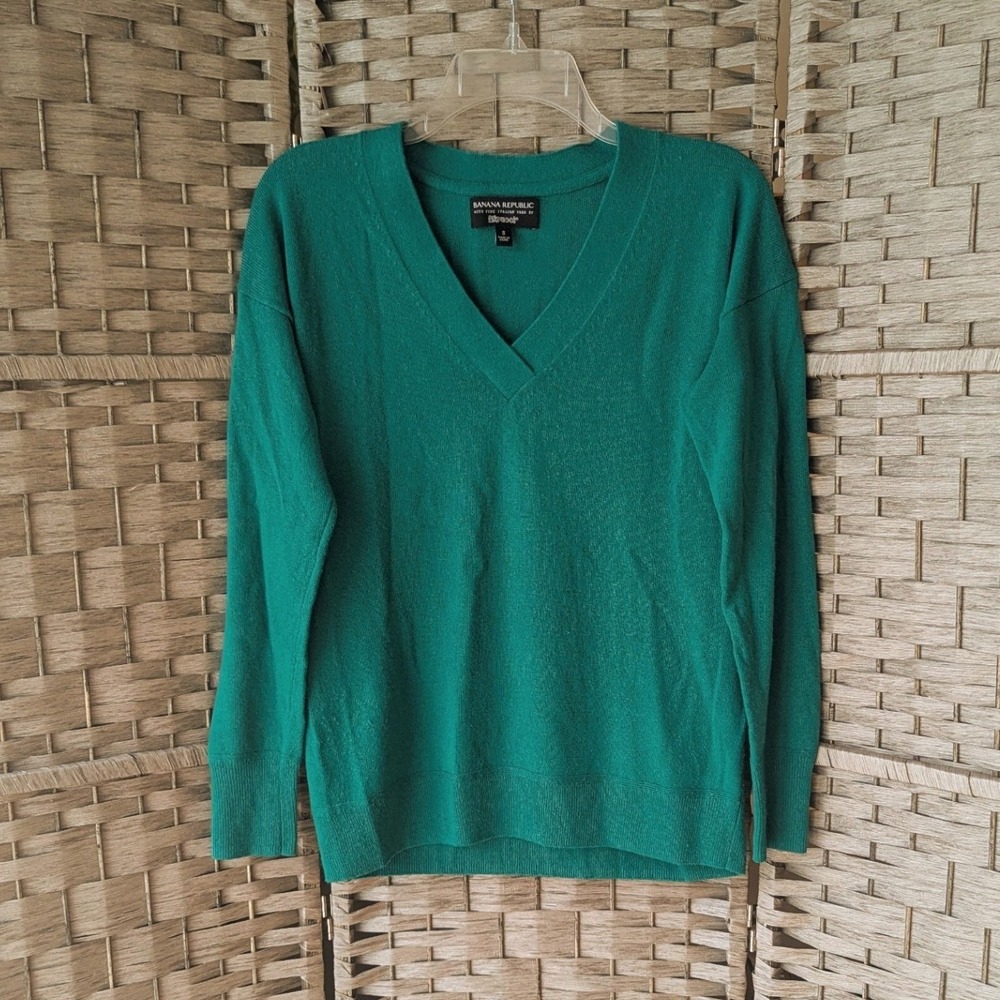 Banana Republic Sweater Emerald Green Merino Wool Cashmere V-Neck Pullover Sz S